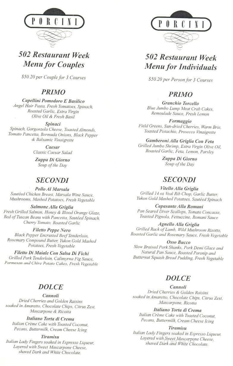 Porcini Restaurant - Louisville, KY menu_pic