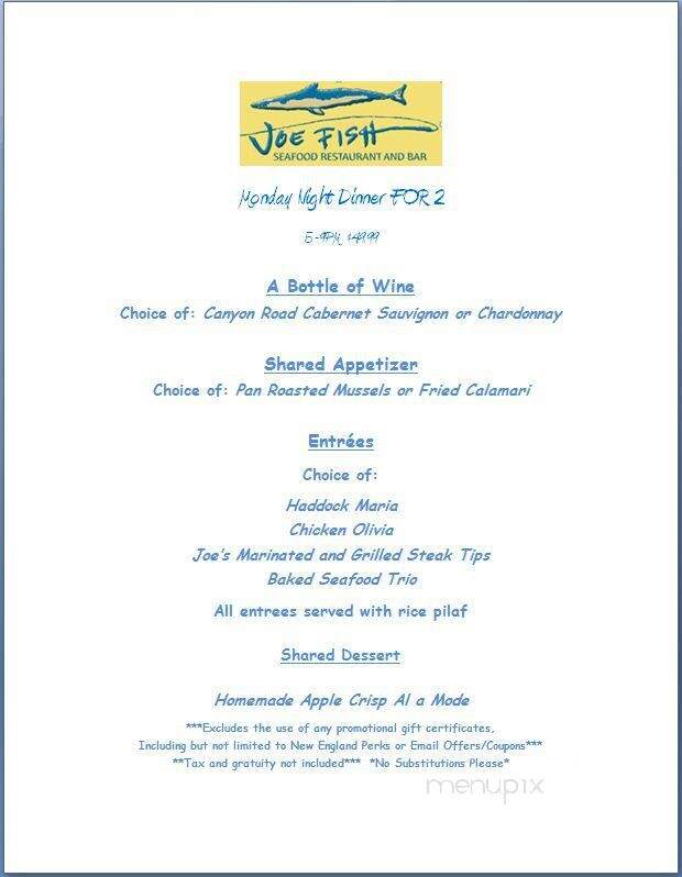 Joe Fish Seafood Restaurant - North Andover, MA menu_pic