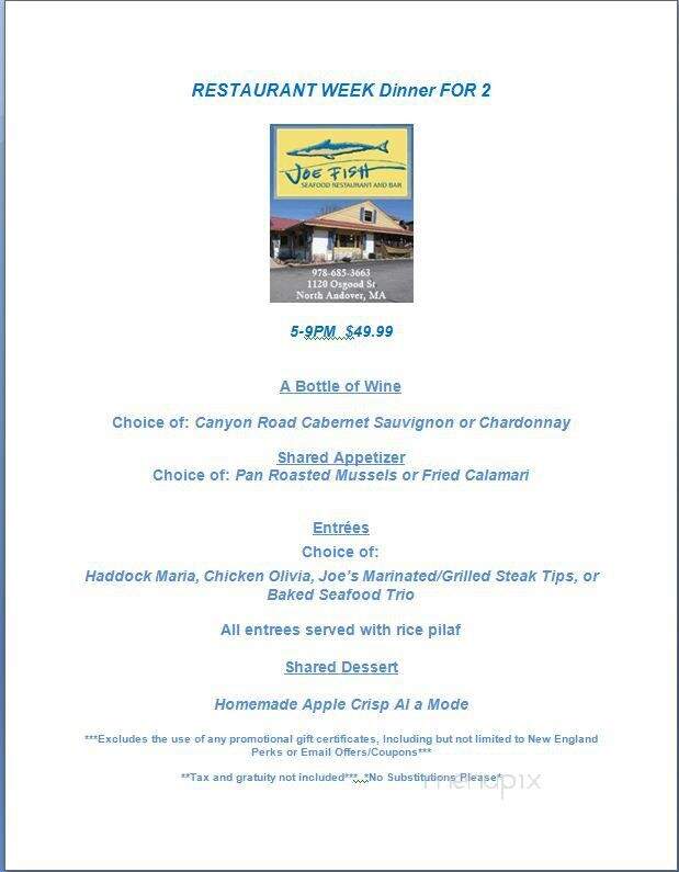 Joe Fish Seafood Restaurant - North Andover, MA menu_pic