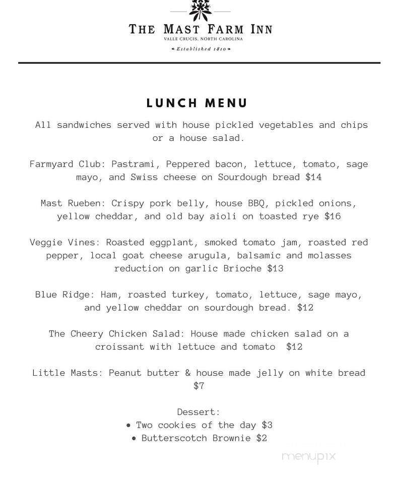 Mast Farm Inn - Banner Elk, NC menu_pic