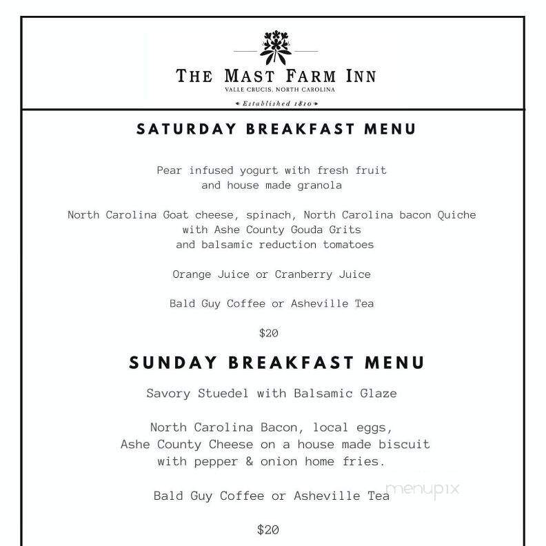 Mast Farm Inn - Banner Elk, NC menu_pic