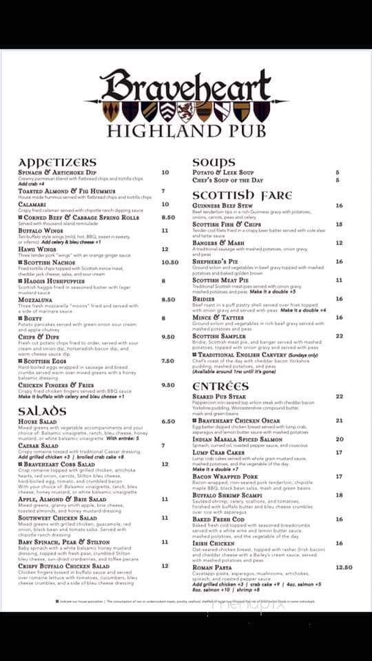 Braveheart Highland Pub - Hellertown, PA menu_pic