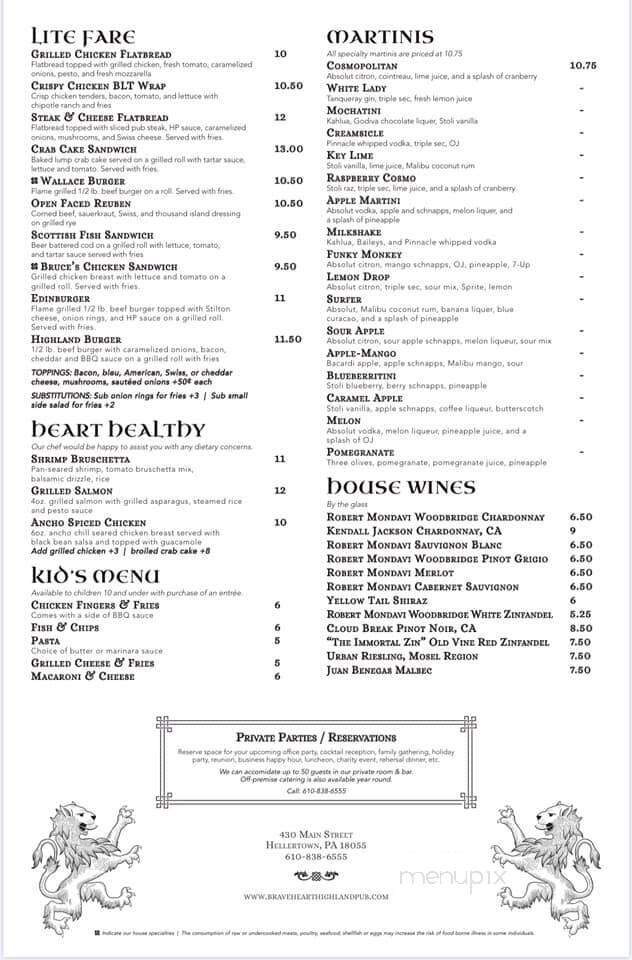 Braveheart Highland Pub - Hellertown, PA menu_pic