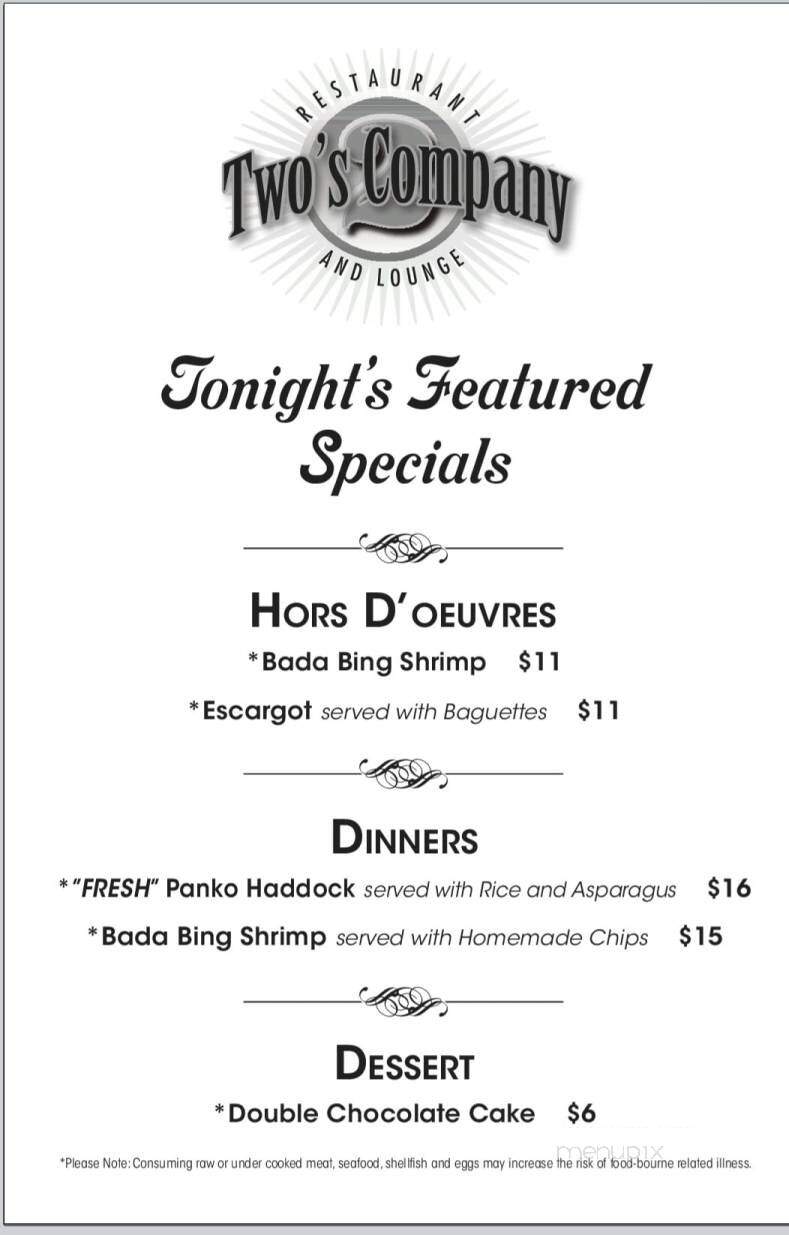 Two's Co Restaurant & Lounge - Mosinee, WI menu_pic