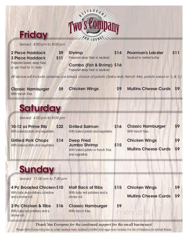 Two's Co Restaurant & Lounge - Mosinee, WI menu_pic