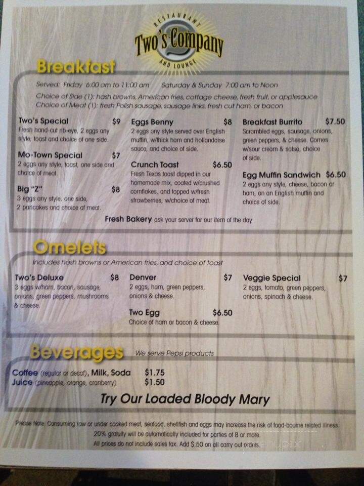 Two's Co Restaurant & Lounge - Mosinee, WI menu_pic