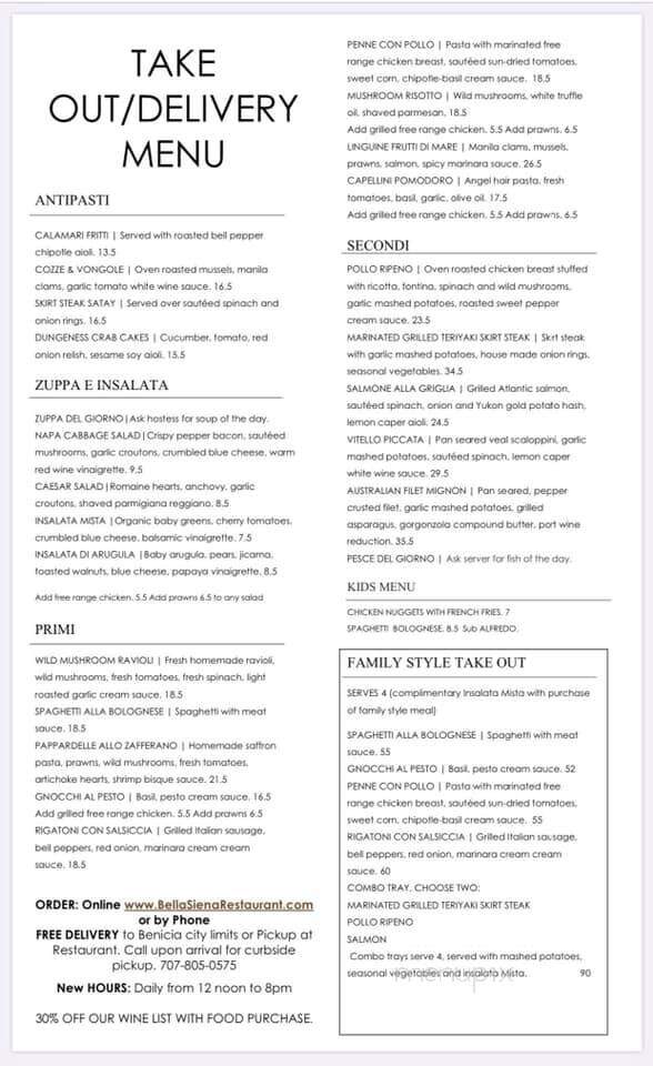 Bella Siena - Benicia, CA menu_pic