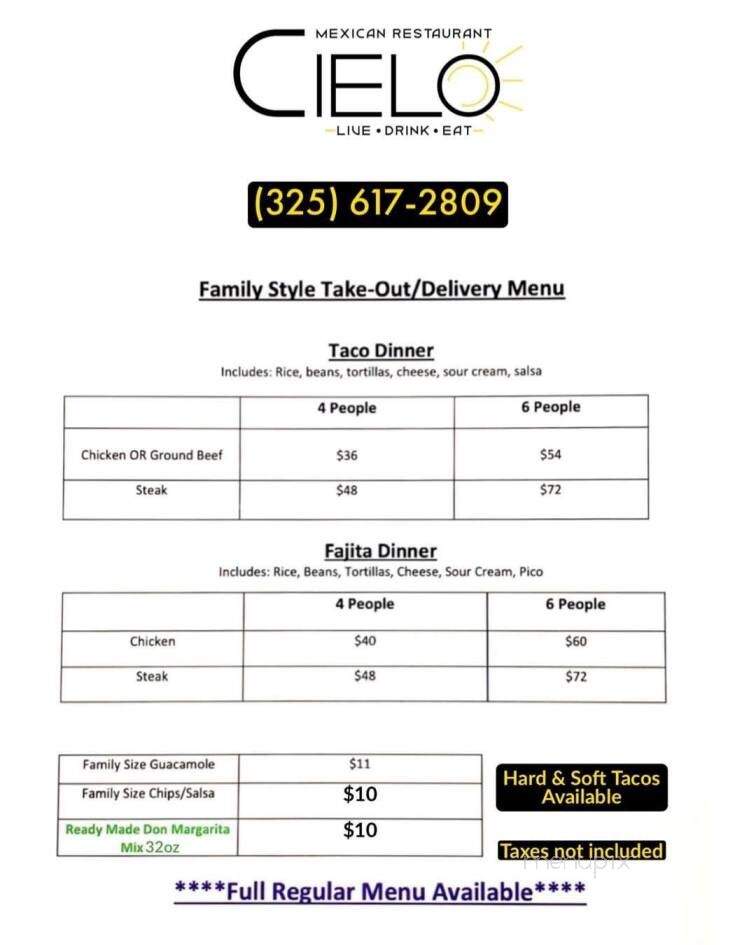 CIELO Mexican Restaurant - San Angelo, TX menu_pic