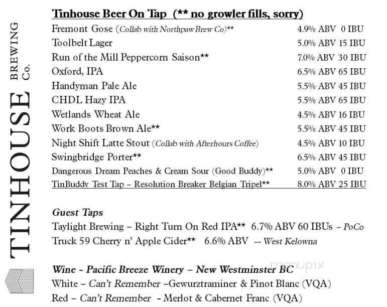 Tinhouse Brewing - Port Coquitlam, BC menu_pic