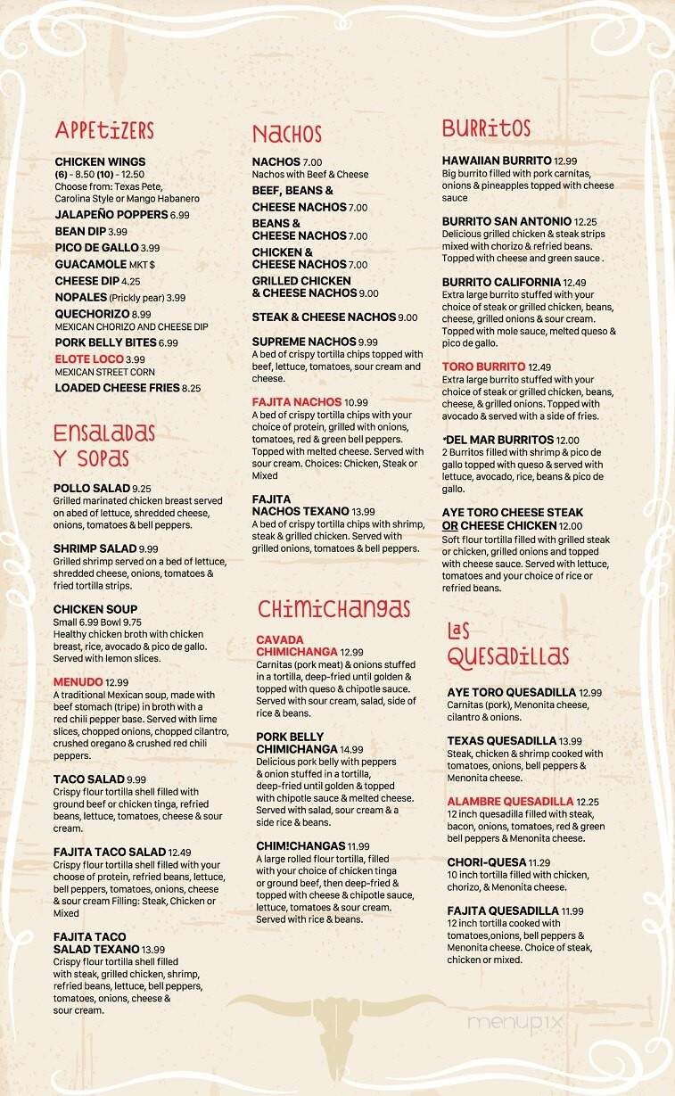 Aye! Toro Mexican Restaurant - Holly Springs, NC menu_pic