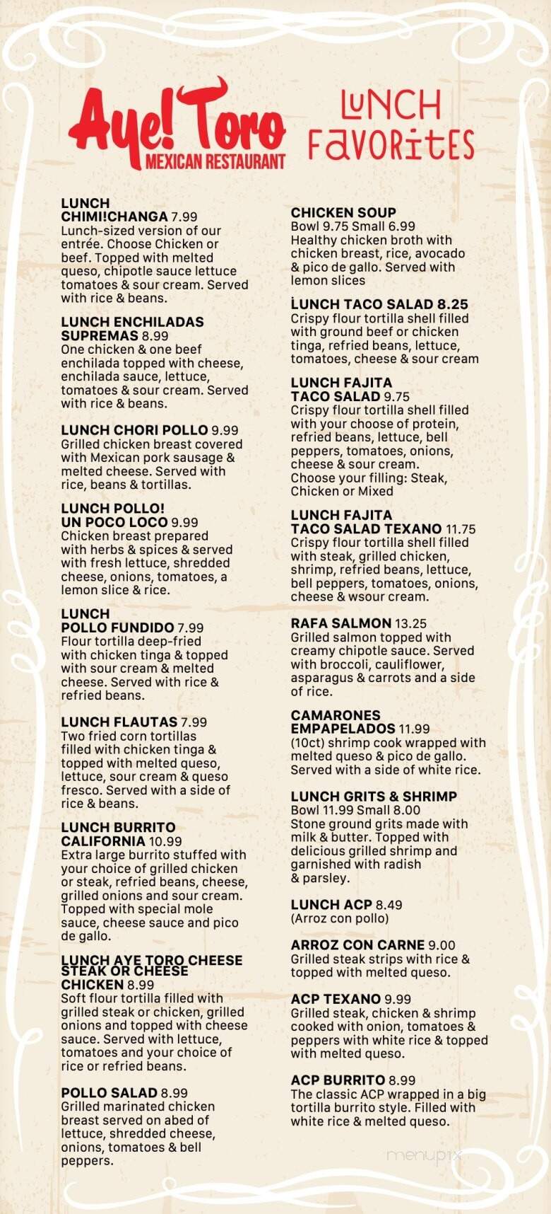 Aye! Toro Mexican Restaurant - Holly Springs, NC menu_pic