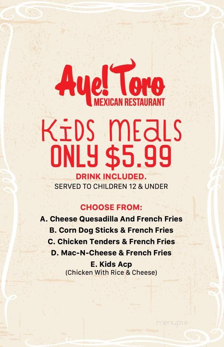 Aye! Toro Mexican Restaurant - Holly Springs, NC menu_pic