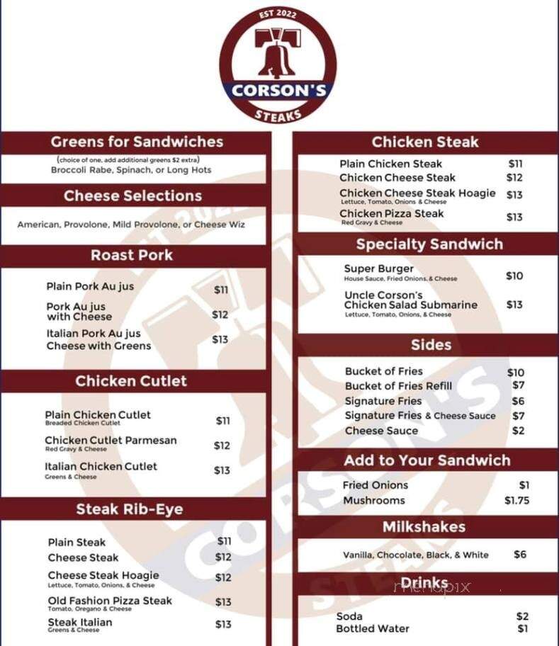 Corson's Steaks - Haddonfield, NJ menu_pic