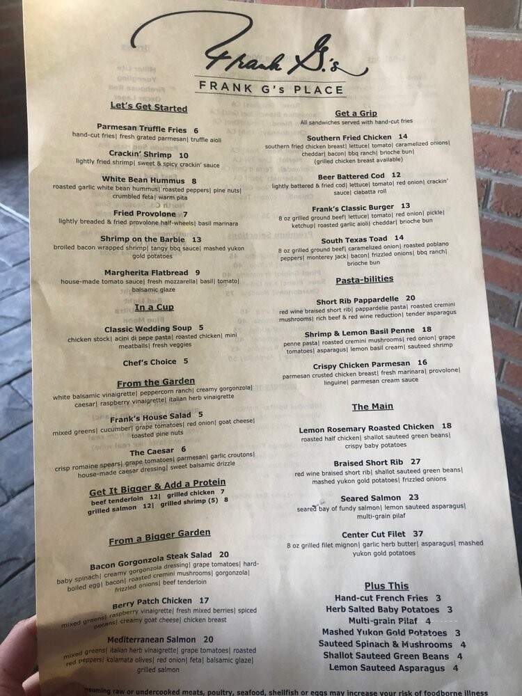 Frank G's Place - Beaver, PA menu_pic