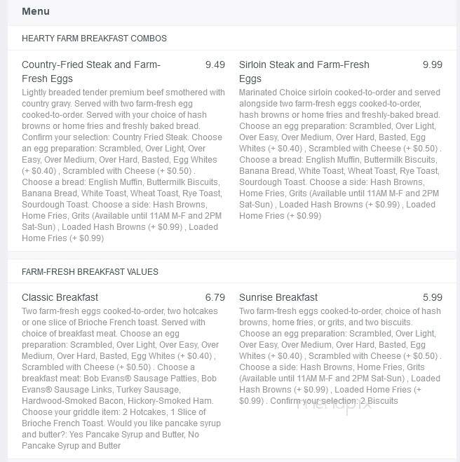 Bob Evans Restaurant - Logansport, IN menu_pic