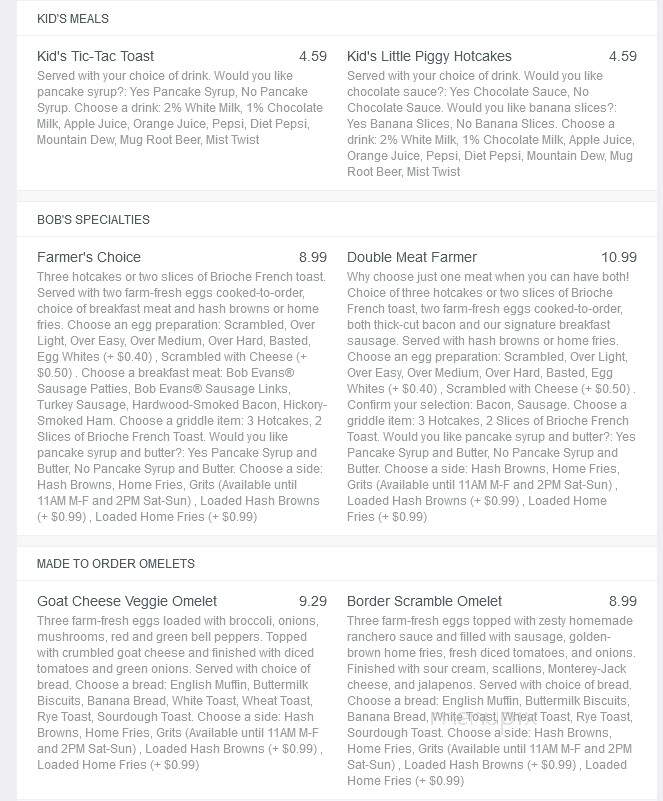 Bob Evans Restaurant - Logansport, IN menu_pic