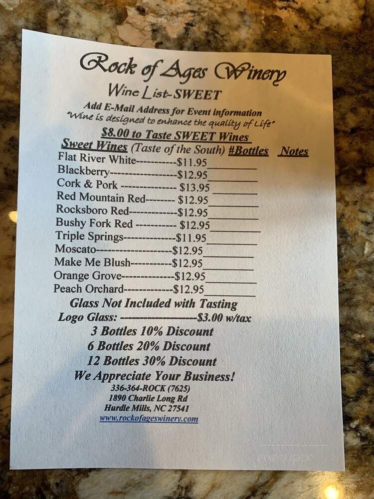 Rock of Ages Winery & Vineyard - Hurdle Mills, NC menu_pic