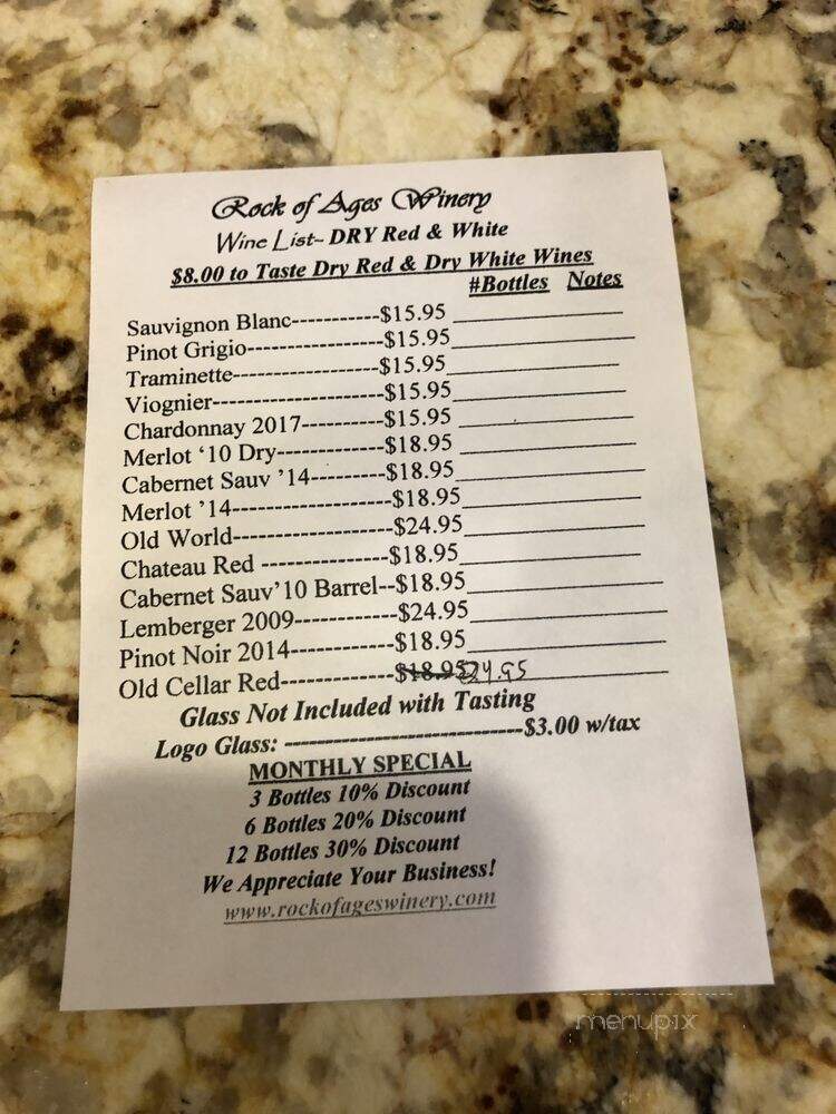Rock of Ages Winery & Vineyard - Hurdle Mills, NC menu_pic