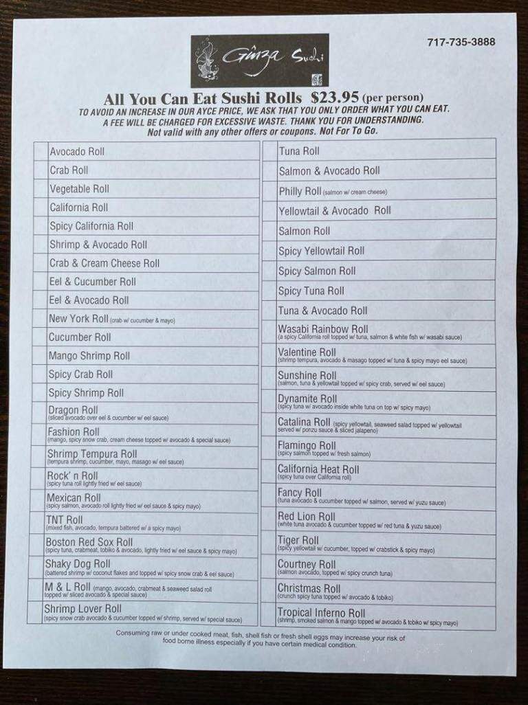 Ginza Sushi - Lancaster, PA menu_pic