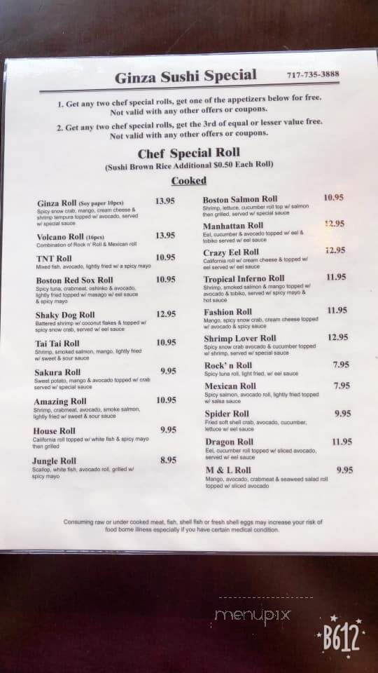 Ginza Sushi - Lancaster, PA menu_pic