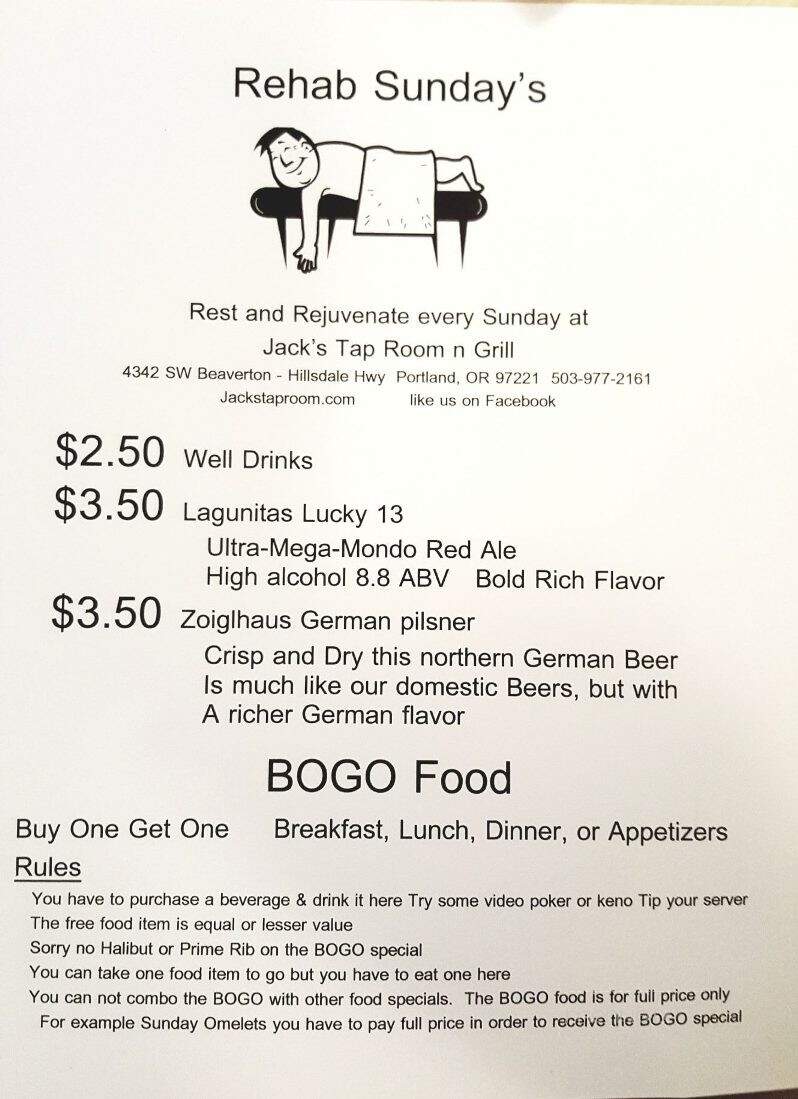 Jack's Tap Room and Quarterback Bar - Portland, OR menu_pic