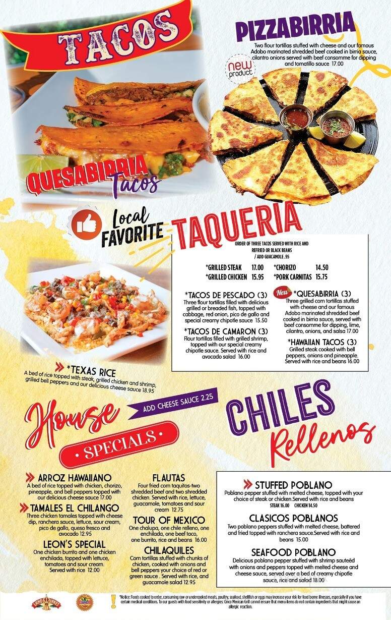 Cinco Mexican Grill - Bluffton, SC menu_pic