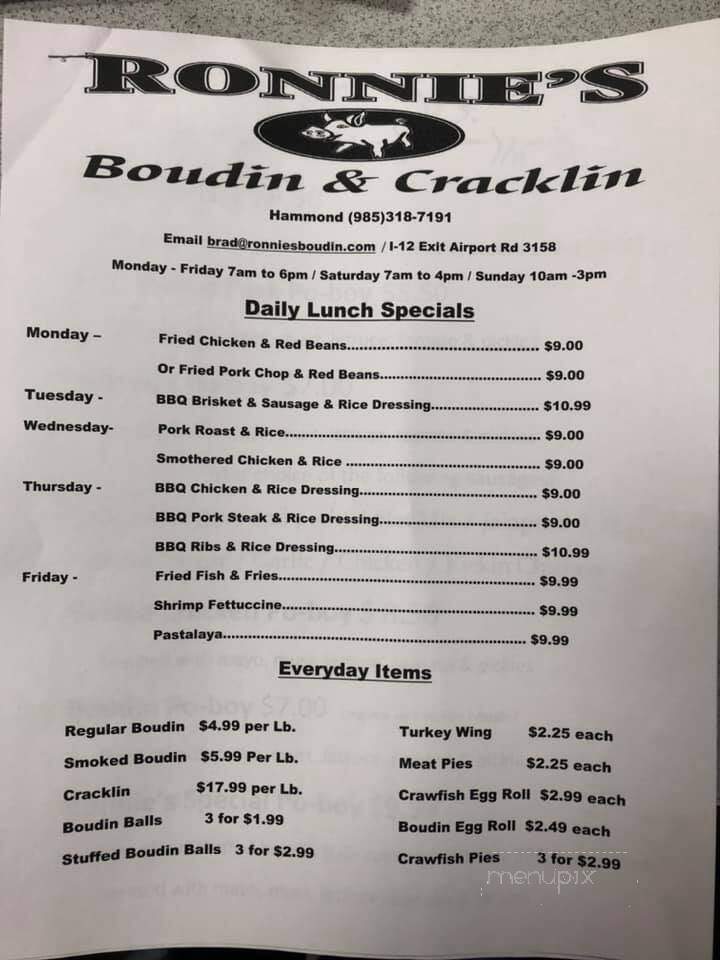 Ronnie's Boudin and Cracklin - Baton Rouge, LA menu_pic