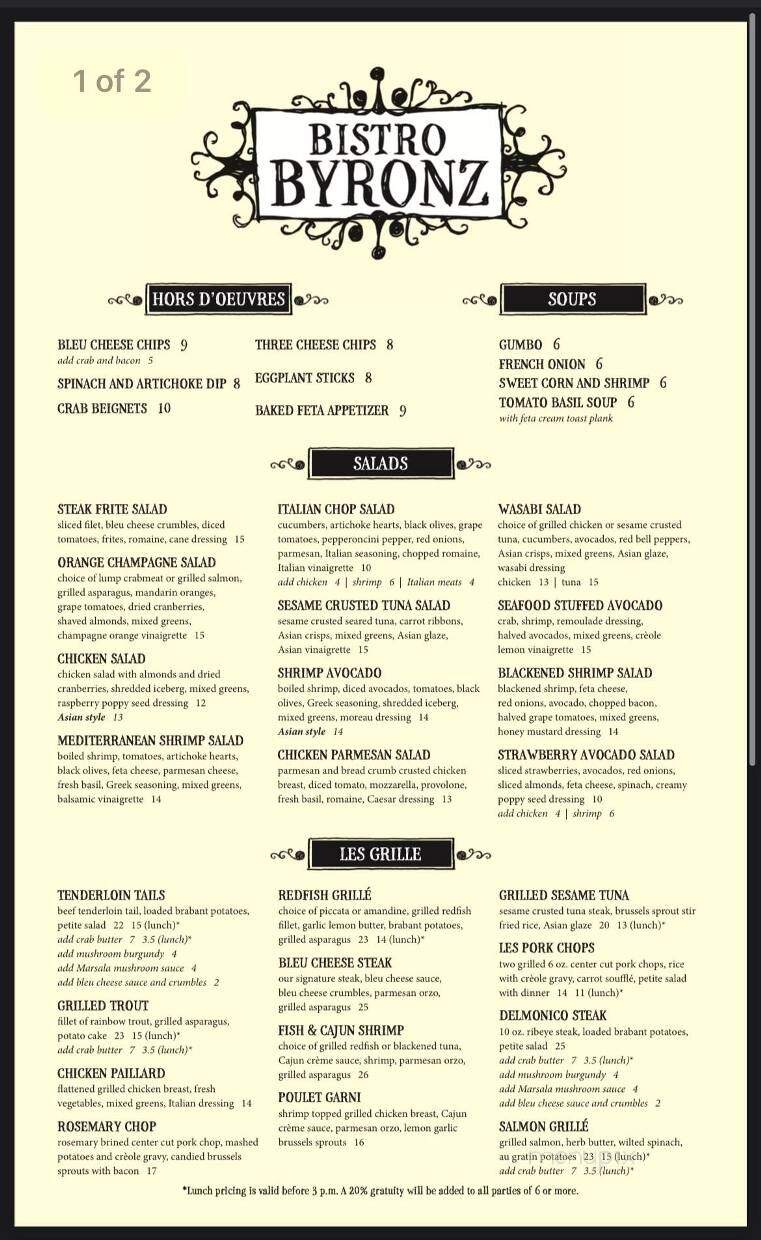 Bistro Byronz - Mandeville, LA menu_pic