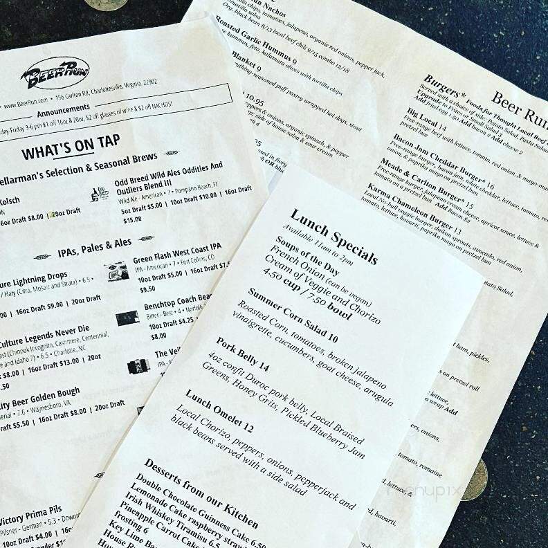 Beer Run - Charlottesville, VA menu_pic