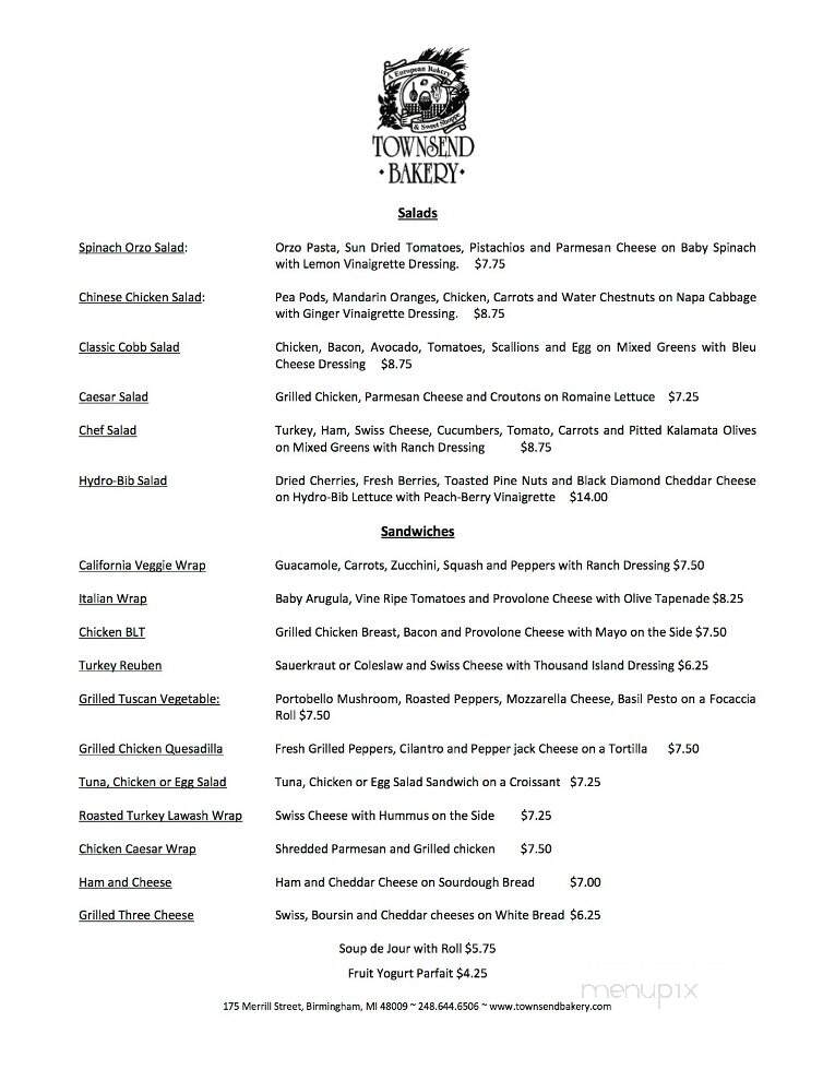 Townsend Bakery - Birmingham, MI menu_pic