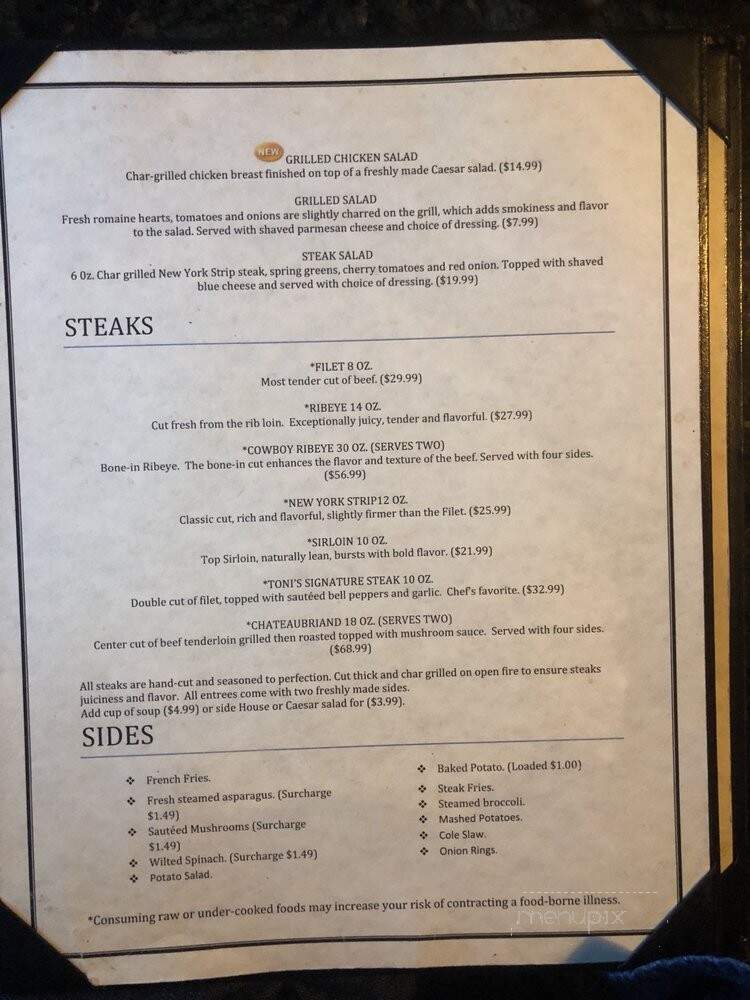 Toni Steakhouse - Savannah, GA menu_pic