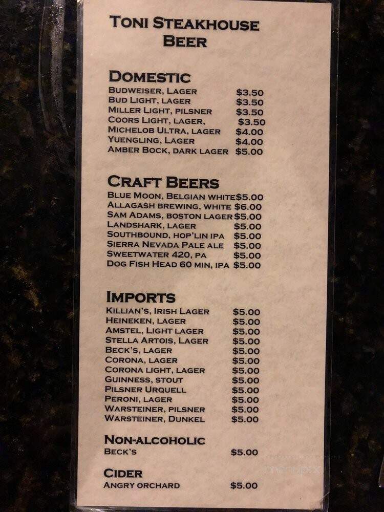 Toni Steakhouse - Savannah, GA menu_pic