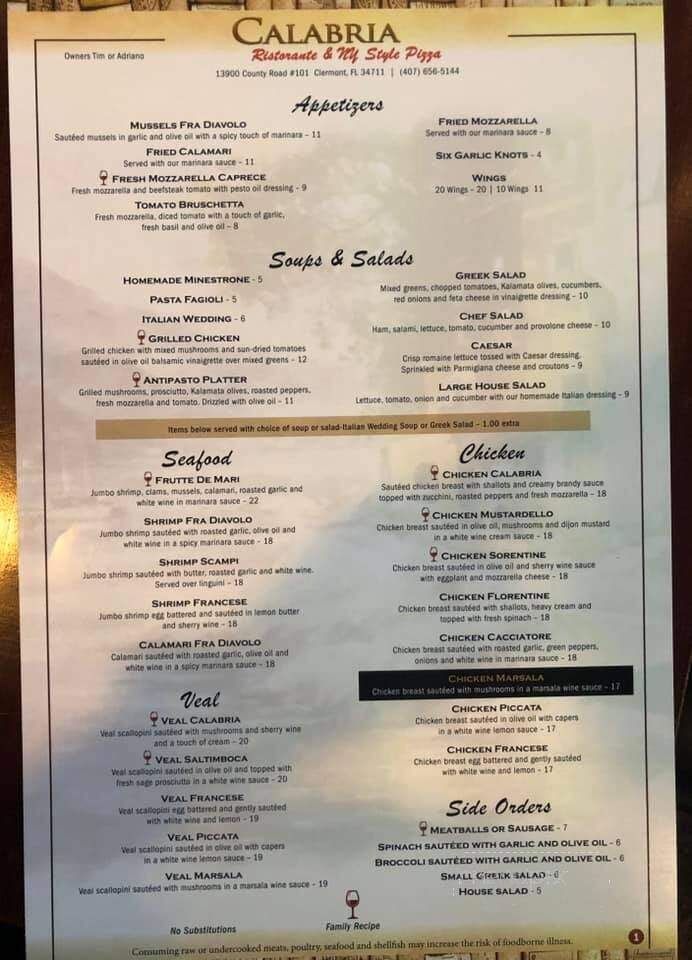 Calabria Ristorante - Clermont, FL menu_pic