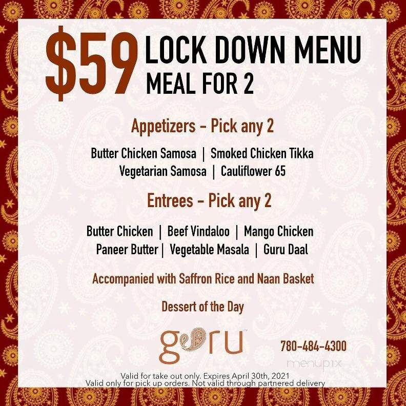 Guru Restaurant & Bar - Edmonton, AB menu_pic