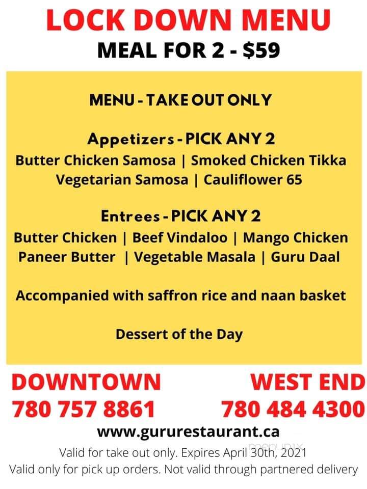 Guru Restaurant & Bar - Edmonton, AB menu_pic