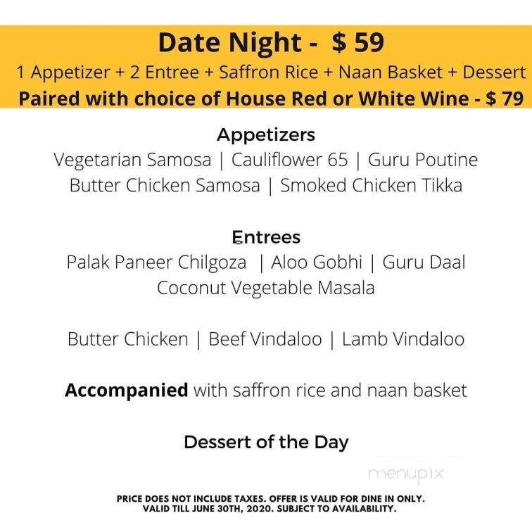 Guru Restaurant & Bar - Edmonton, AB menu_pic