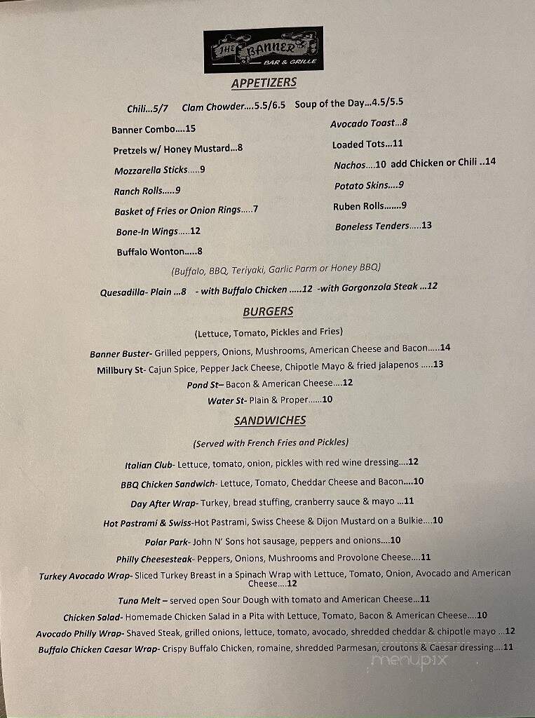 Banner Bar & Grill - Worcester, MA menu_pic