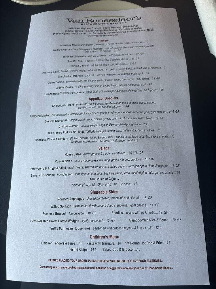 Van Rensselaer's Restaurant - South Wellfleet, MA menu_pic