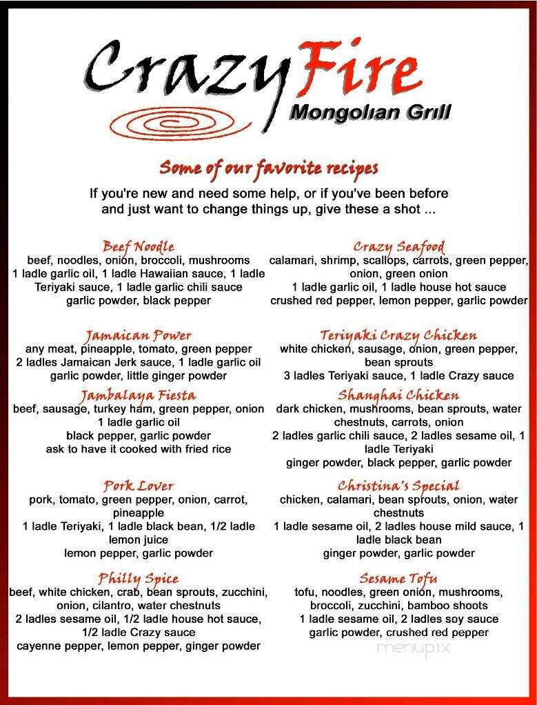 Crazy Fire Mongolian Grill - Raleigh, NC menu_pic
