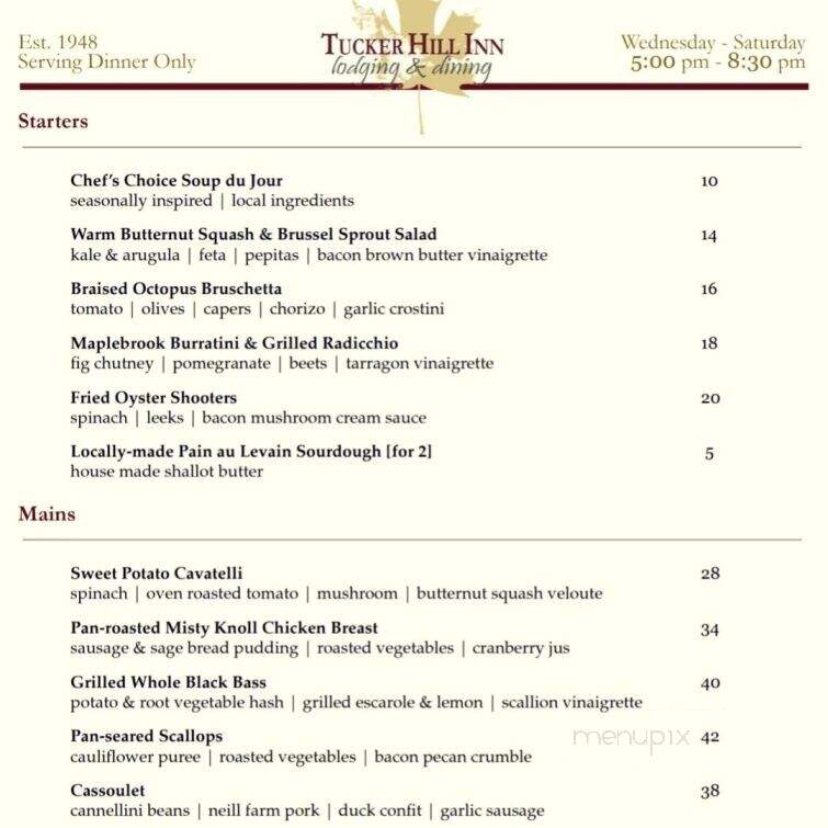 Tucker Hill Inn & Steak Place - Waitsfield, VT menu_pic