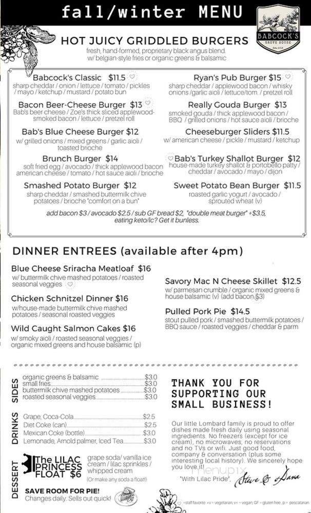Babcock's Grove House - Lombard, IL menu_pic