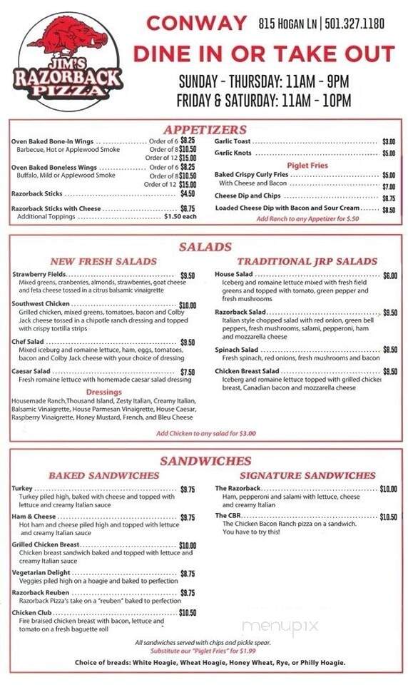 Jim's Razorback Pizza - Conway, AR menu_pic