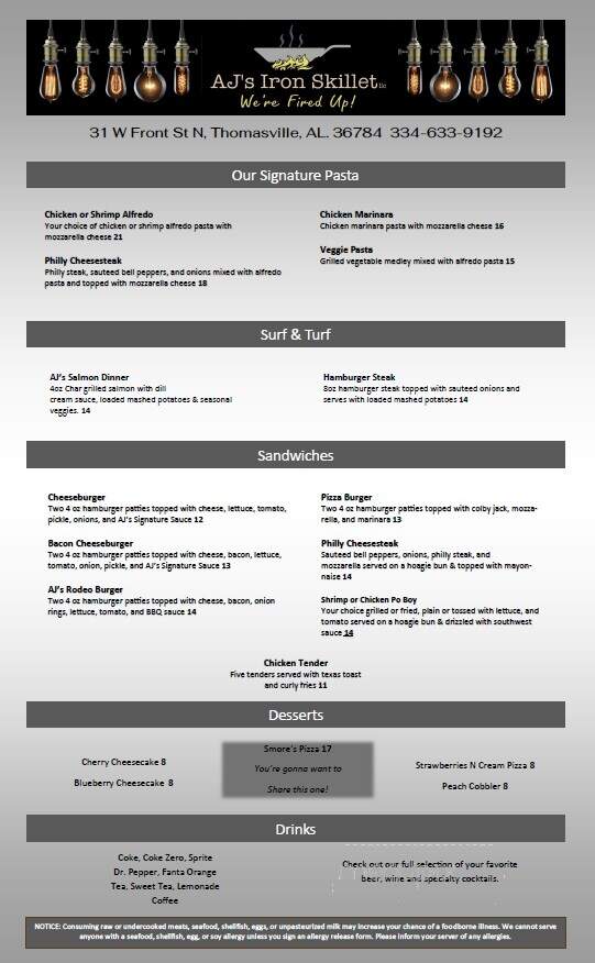 AJ's Iron Skillet - Thomasville, AL menu_pic