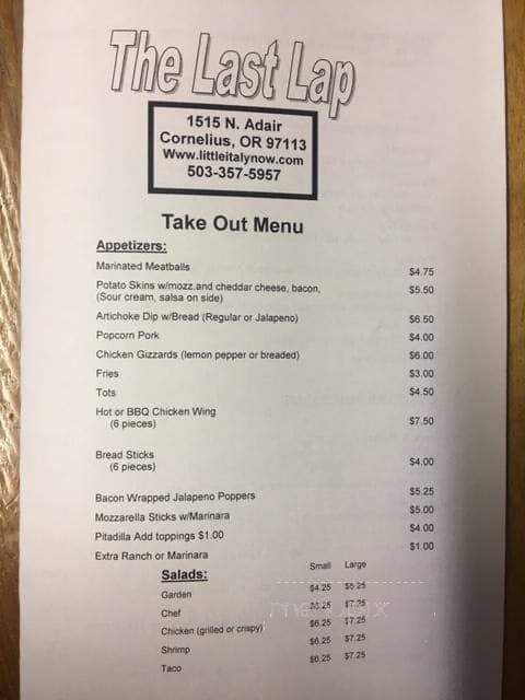 Last Lap - Cornelius, OR menu_pic