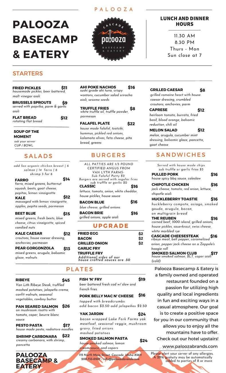 Palooza Basecamp & Eatery - Cascade, ID menu_pic