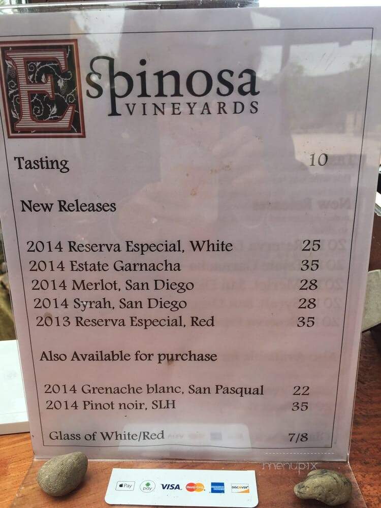 Espinosa Vineyards and Winery - Escondido, CA menu_pic