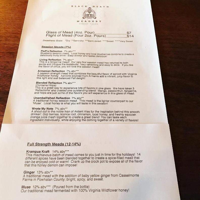 Black Heath Meadery - Richmond, VA menu_pic
