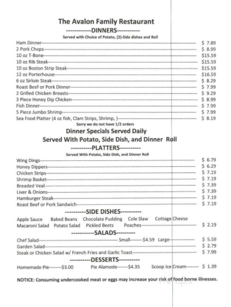 Avalon Restaurant - Hanoverton, OH menu_pic