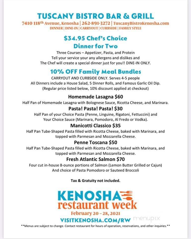 Tuscany Bistro Bar & Grill - Kenosha, WI menu_pic