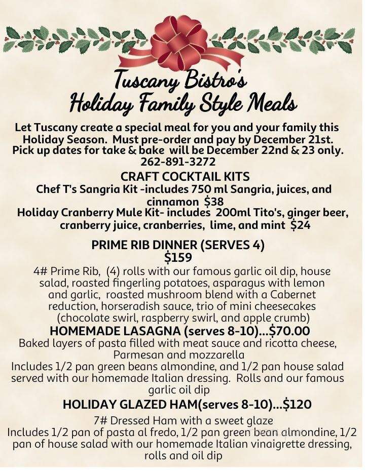 Tuscany Bistro Bar & Grill - Kenosha, WI menu_pic